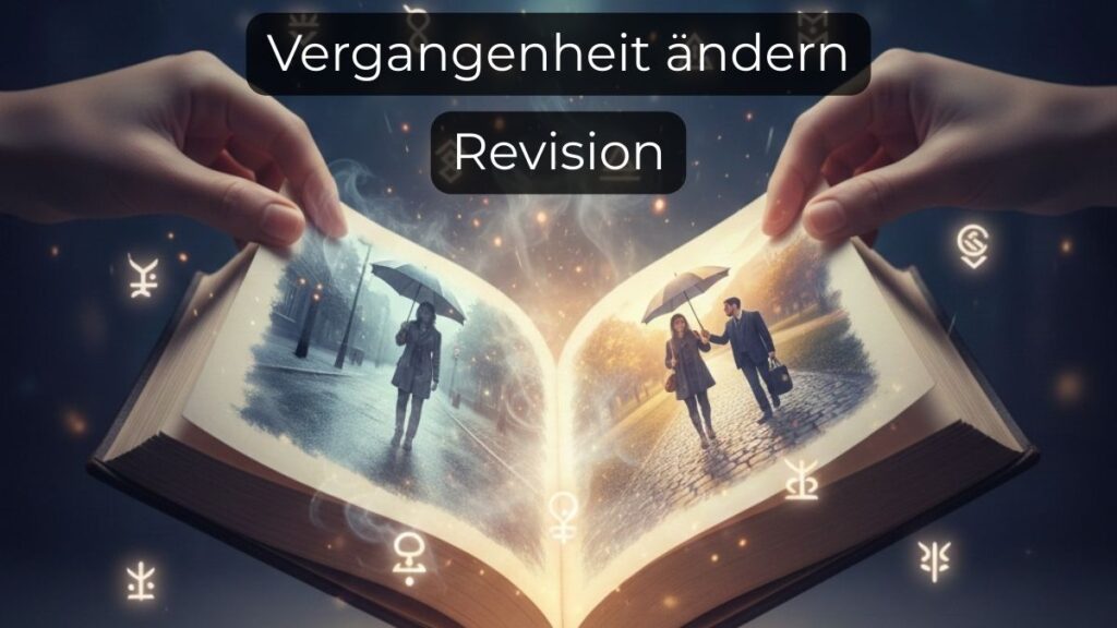 Ein magisches Buch, das zwei Versionen der Vergangenheit zeigt: Eine dunkle, regnerische Szene und eine helle, glückliche Szene – Symbol für die Revision-Technik nach Neville Goddard.